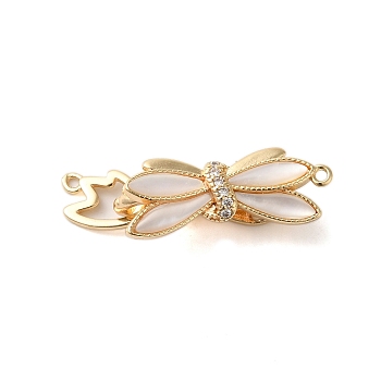 Brass Micro Pave Clear Cubic Zirconia Fold Over Clasps, with White Shell, Butterfly, Real 18K Gold Plated, 34mm, Hole: 1.2mm