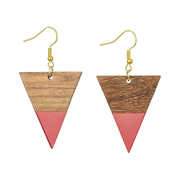 Resin & Walnut Wood Triangle Dangle Earrings, Golden Iron Long Drop Earrings, Salmon, 57x30.5mm