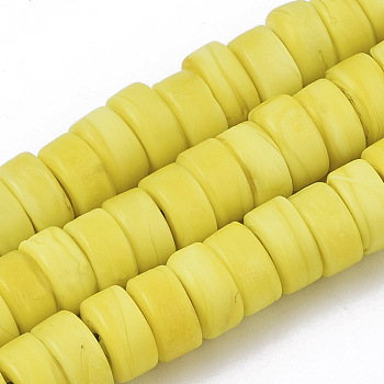 Handmade Frosted Lampwork Beads Strands, Heishi Beads, Disc/Flat Round, Yellow, 9x4.5mm, Hole: 1.6mm, about 108pcs/Strand, 19.29 inch