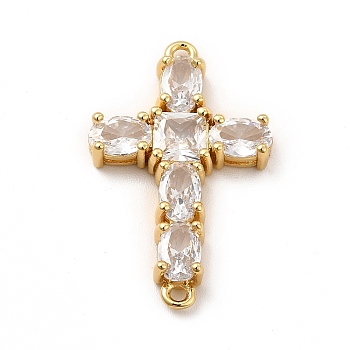 Eco-Friendly Rack Plating Brass Pave Clear Cubic Zirconia Connector Charms, Lead Free & Cadmium Free, Long-Lasting Plated, Religion Cross Links, Real 18K Gold Plated, 28x18x4mm, Hole: 1.4mm