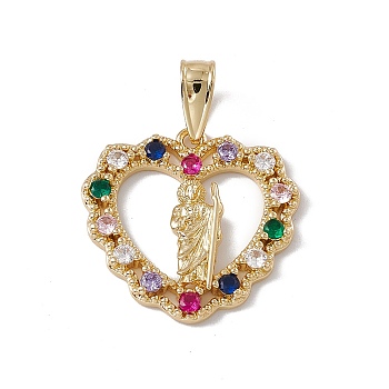 Brass Micro Pave Colorful Cubic Zirconia Pendants, Cadmium Free & Nickel Free & Lead Free, Rack Plating, Heart, Real 18K Gold Plated, 25x25.5x3.5mm, Hole: 5x8.5mm