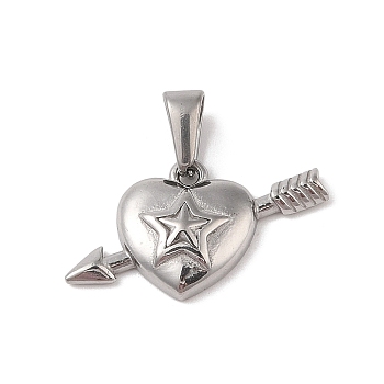 304 Stainless Steel Pendants, One Arrow Tthrough the Heart Charm, Stainless Steel Color, 14.5x24.5x4mm, Hole: 6x3mm