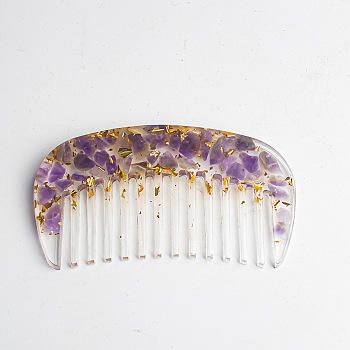 Resin Comb, with Natural Amethyst Chips inside for Women Girls, 8.8x4.5x0.8cm