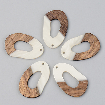 Opaque Resin & Walnut Wood Pendants, Teardrop, Floral White, 38x23.5x3mm, Hole: 2mm