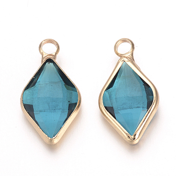 Glass Pendants, with Brass Findings, Faceted, Rhombus, Nickel Free, Raw(Unplated), Dodger Blue, 18x10x4.5mm, Hole: 2mm