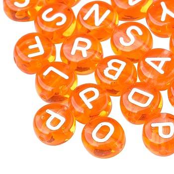 Transparent Acrylic Beads, Flat Round with White Mixed Letters, Dark Orange, 7x4mm, Hole: 1.5mm, about 1480pcs/200g