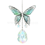 Teardrop Star Glass Crystal Suncatcher, Stainless Steel Resin Butterfly Window Hanging for Garden & Patio, Green, 230mm(HJEW-JM04950)