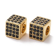 925 Sterling Silver Beads, with Cubic Zirconia, Real 18K Gold Plated, Cube, Black, 7x7.5x7.5mm, Hole: 3.8mm(STER-Z005-14A-04)