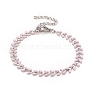 Enamel Wheat Link Chains Bracelet, 304 Stainless Steel Jewelry for Women, Stainless Steel Color, Pink, 6-7/8 inch(17.5cm)(BJEW-P271-02P-03)