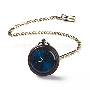Ebony Wood Pocket Watch with Brass Curb Chain and Clips, Flat Round Electronic Watch for Men, Black, 16-3/8~17-1/8 inch(41.7~43.5cm)(WACH-D017-A11-01AB-01)