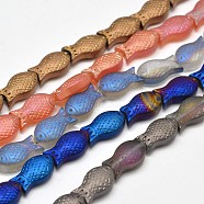 Frosted Electroplate Glass Fish Beads Strands, Mixed Color, 15x8x5mm, Hole: 1mm, about 30pcs/strand, 16 inch(EGLA-M001-M)