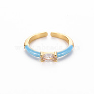 Brass Enamel Cuff Rings, Open Rings, Solitaire Rings, with Clear Cubic Zirconia, Nickel Free, Horse Eye, Golden, Dodger Blue, US Size 7(17.3mm)(RJEW-T016-29F-NF)