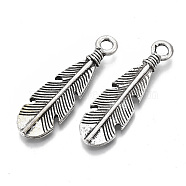 Tibetan Style Alloy Pendants, Cadmium Free & Lead Free, Feather, Antique Silver, 48x14x4mm, Hole: 4mm, about 135pcs/1000g(TIBE-S320-026AS-LF)