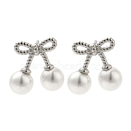 304 Stainless Steel Shell Pearl Bowknot Stud Earrings for Women, Stainless Steel Color, 13x15mm(EJEW-U020-28P)