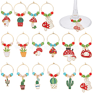 16Pcs 16 Styles Mushroom & Cactus Potted Alloy Enamel Wine Glass Charms, with Glass Beads and 316 Surgical Stainless Steel Hoop Earrings, Mixed Color, 42~60mm, 1pc/style(AJEW-MA00001)