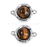 Brass Pave Natural Tiger Eye Flat Round Links Connector Charms, Platinum, 18x13x5.5mm, Hole: 1.6mm(KK-U043-45P-D)