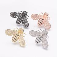 Brass Micro Pave Cubic Zirconia Lapel Pin Backs, Tie Tack Pin, Brooch Findings, For Half Drilled Beads, Bee, Mixed Color, 29~30x42~43x5~6mm, Tray: 6mm, Pin: 1mm(ZIRC-L065-01)