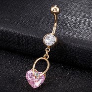 Piercing Jewelry, Brass Cubic Zirconia Navel Ring, Belly Rings, with 304 Stainless Steel Bar, Cadmium Free & Lead Free, Real 18K Gold Plated, Heart, Pink, 47x10mm, Bar Length: 3/8"(10mm), Bar: 14 Gauge(1.6mm)(AJEW-EE0003-28A)