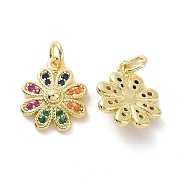 Brass Micro Pave Colorful Cubic Zirconia Charms, with Jump Ring, Flower, Real 18K Gold Plated, 15x12x4mm, Hole: 3.2mm(KK-E068-VF147)