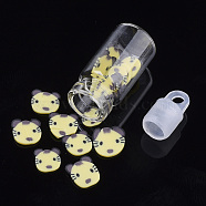 Handmade Polymer Clay Kitten Nail Art Decoration Accessories, with Glass Wishing Bottle and CCB Plastic Bottle Stopper, Cartoon Cat Head, Pale Goldenrod, 4~9x4~6x0.5~1mm(MRMJ-S046-001A)