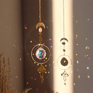 Natural Rose Quartz Brass Moon & Star Hanging Ornaments, Teardrop Glass Tassel Suncatchers for Home Outdoor Decoration, Mushroom, 380mm(PW-WG80899-05)