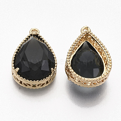 Faceted Glass Pendants, with Golden Tone Brass Open Back Settings, Teardrop, Black, 23x15.5x6.5mm, Hole: 1.5mm(X-GLAA-T010-016A)