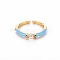 Brass Enamel Cuff Rings, Open Rings, Solitaire Rings, with Clear Cubic Zirconia, Nickel Free, Horse Eye, Golden, Dodger Blue, US Size 7(17.3mm)(RJEW-T016-29F-NF)
