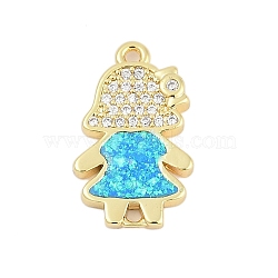 Brass Micro Pave Clear Cubic Zirconia Girl Connector Charms, with Synthetic Opal, Long-Lasting Plated, Rack Plating, Lead Free & Cadmium Free, Deep Sky Blue, Real 18K Gold Plated, 19x11.5x2.5mm, Hole: 1.2mm(KK-I723-22G)