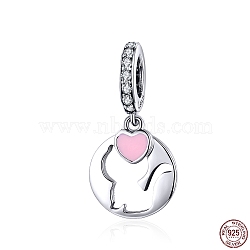 925 Sterling Silver Enamel Kitten European Dangle Charms, with Cubic Zirconia, Flat Round with Cat, with 925 Stamp, Pink, 21x11mm(HJEW-FF0012-01)