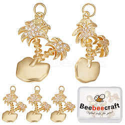 6Pcs Rack Plating Brass Micro Pave Clear Cubic Zirconia Pendants, Long-Lasting Plated, with Jump Ring, Coconut Tree Charm, Real 18K Gold Plated, 25x18x2.5mm, Hole: 3.5mm(KK-BBC0005-47)