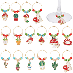 16Pcs 16 Styles Mushroom & Cactus Potted Alloy Enamel Wine Glass Charms, with Glass Beads and 316 Surgical Stainless Steel Hoop Earrings, Mixed Color, 42~60mm, 1pc/style(AJEW-MA00001)