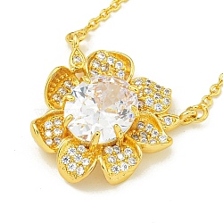 Ion Plating(IP) 304 Stainless Steel Cable Chain Necklaces, Brass Clear Cubic Zirconia Flower Pendant Necklaces, Golden, 18.39 inch(46.7cm)(NJEW-H040-06G)