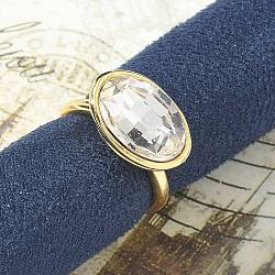 Oval Brass Cuff Rings for Women, with Glass, Long-Lasting Plated, Rack Plating, Lead Free and Cadmium Free, Gold, Clear, Inner Diameter: 17mm(RJEW-G337-06G-03)