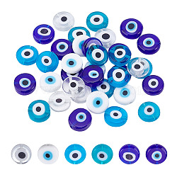 36Pcs 6 Colors Handmade Evil Eye Lampwork Beads, Flat Round, Mixed Color, 12x5mm, Hole: 1mm, 6pcs/color(LAMP-NB0002-11)