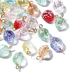 50Pcs Transparent Spray Painted Glass Pendants, with Golden Plated Iron Wire Wrapped Findings and Gold Foil, Strawberry Charms, Mixed Color, 17x11.5x11mm, Hole: 1.8mm(GLAA-CJ0002-23)