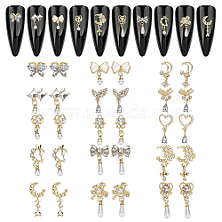 30Pcs 15 Styles Golden Brass Micro Pave Rhinestone Cabochons, with ABS Imitation Pearl Beads, Nail Art Decorations, Mixed Shapes, 10.5~25.5x7.5~13.5x3~4mm, 2pcs/style(DIY-HY0002-56)