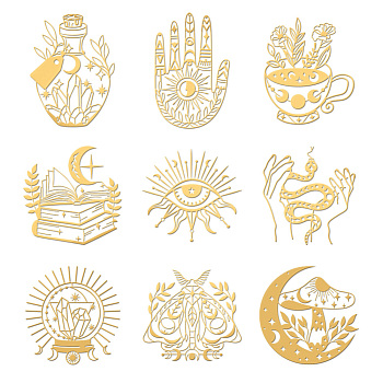 Nickel Decoration Stickers, Metal Resin Filler, Epoxy Resin & UV Resin Craft Filling Material, Golden, Bohemian Witchcraft Pattern, Mixed Shapes, 40x40mm, 9 style, 1pc/style, 9pcs/set