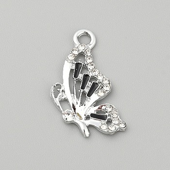 Alloy Enamel Pendants, with Rhinestone, Butterfly Charm, Black, 25x14.5x2.8mm, Hole: 2.4mm