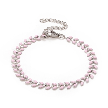 Enamel Wheat Link Chains Bracelet, 304 Stainless Steel Jewelry for Women, Stainless Steel Color, Pink, 6-7/8 inch(17.5cm)
