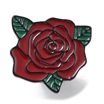 Flower Zinc Alloy Brooches, Floral Enamel Pins, Dark Red, 21x19.5x1.5mm