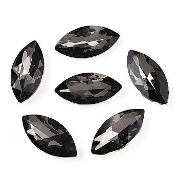 Pointed Back Glass Rhinestone Cabochons, Back Plated, Faceted, Horse Eye, Black Diamond, 26.5x13x7mm