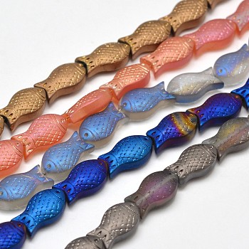 Frosted Electroplate Glass Fish Beads Strands, Mixed Color, 15x8x5mm, Hole: 1mm, about 30pcs/strand, 16 inch