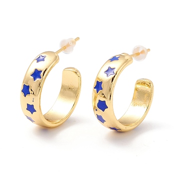 Real 18K Gold Plated Brass Stud Earrings for Women, Star Pattern Enamel Open Hoop Earrings, Rack Plating Half Hoop Earrings, Cadmium Free & Lead Free, Blue Violet, 6x19x2mm, Pin: 1mm, Inner Diameter: 16mm