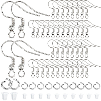 300Pcs 304 Stainless Steel Earring Hooks, Dangle Earring Findings, Ear Wire, with 300Pcs Jump Rings and 300Pcs Plastic Ear Nuts, Stainless Steel Color, 20~22x21x3mm, Hole: 2mm, 22 Gauge, Pin: 0.6mm