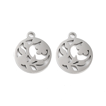 316 Surgical Stainless Steel Charms, Laser Cut, Flat Round Charm, Stainless Steel Color, Flower, 14.5x12.5x1mm, Hole: 1.5mm