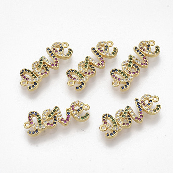 Brass Micro Pave Cubic Zirconia Links connectors, Word LOVE, Colorful, for Valentine's Day, Golden, 9.5x25x3.5mm, Hole: 1mm