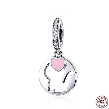 925 Sterling Silver Enamel Kitten European Dangle Charms, with Cubic Zirconia, Flat Round with Cat, with 925 Stamp, Pink, 21x11mm
