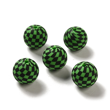 Opaque Silicone Beads, Round with Tartan, Lime Green, 15x14.5mm, Hole: 2.3mm