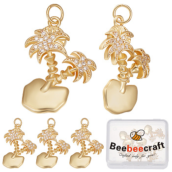 Beebeecraft 6Pcs Rack Plating Brass Micro Pave Clear Cubic Zirconia Pendants, Long-Lasting Plated, with Jump Ring, Coconut Tree Charm, Real 18K Gold Plated, 25x18x2.5mm, Hole: 3.5mm