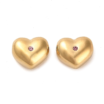 304 Stainless Steel Beads, with Rose Rhinestone, Heart, Real 14K Gold Plated, 8.5x10x6mm, Hole: 1.5mm